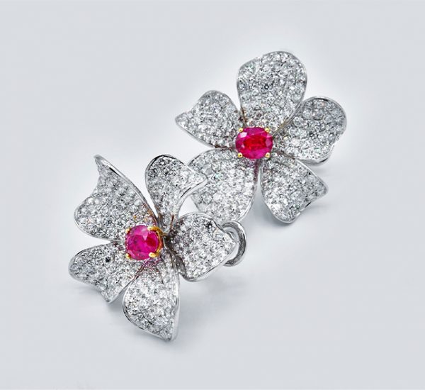 ER6743 RM61600 18k White Gold Earrings set with 2 Rubies - 2.18cts 368 Round Diamonds - 6.59cts