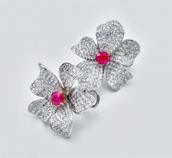 ER6743 RM61600 18k White Gold Earrings set with 2 Rubies - 2.18cts 368 Round Diamonds - 6.59cts